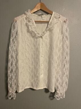 Vintage Judy Bond Top Womens 16 White Lace Ruffle Sheer Victorian Prairie 70s